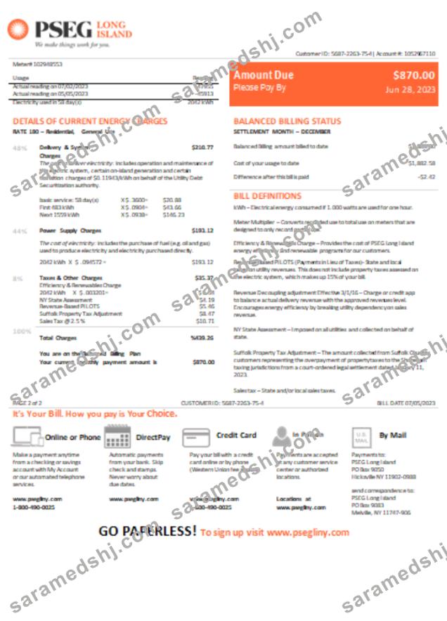 New Jersey PSEG electricity utility bill, SCR, page 1